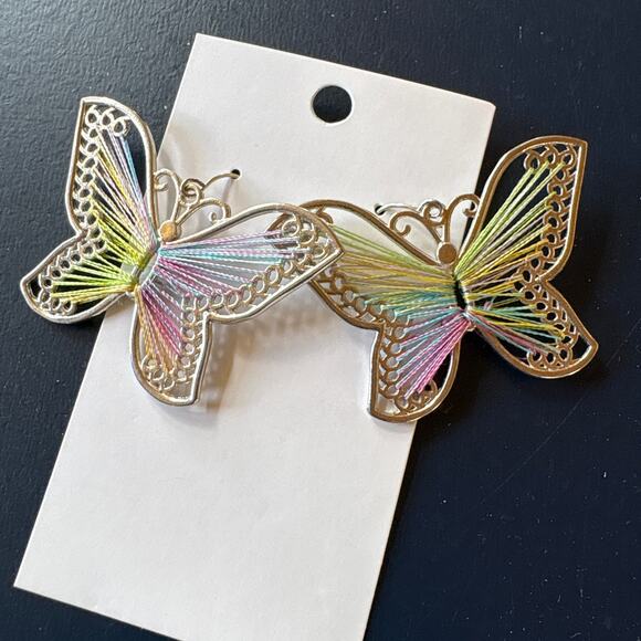Butterfly Colorful Rainbow Silver String Earrings Hook Statement Nature - Picture 1 of 5